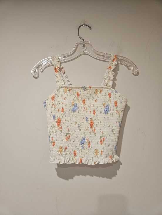 SO Tops - SO White Smocked Floral Ruffle-Trim Crop Top, Size Medium